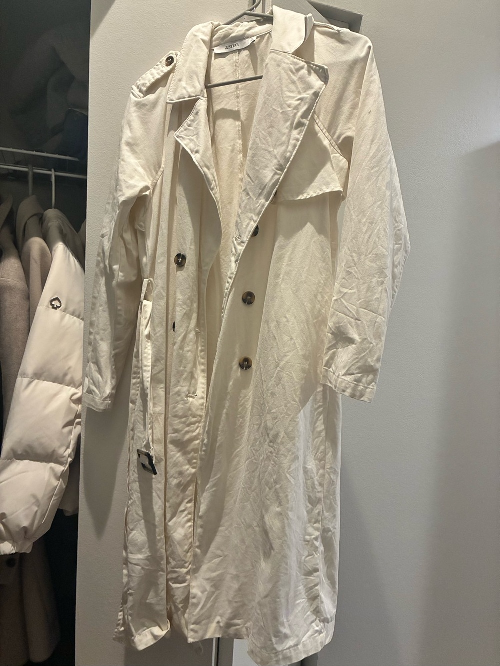 JustFab Cream Double-Breasted Trench Coat